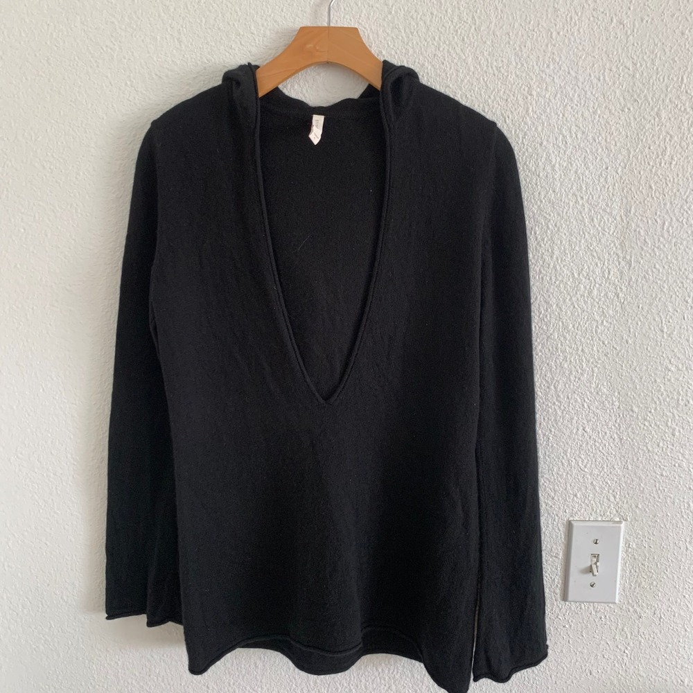 Shimera Womens Black 100% Cashmere Deep V-Neck Hooded Pullover Sweater Large